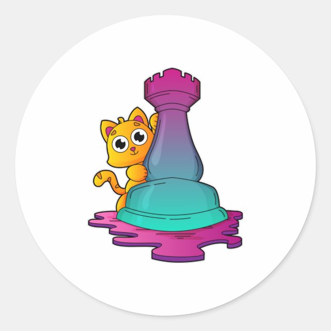 Cat at Chess with Chess piece Rook Runder Aufkleber (Vorderseite)