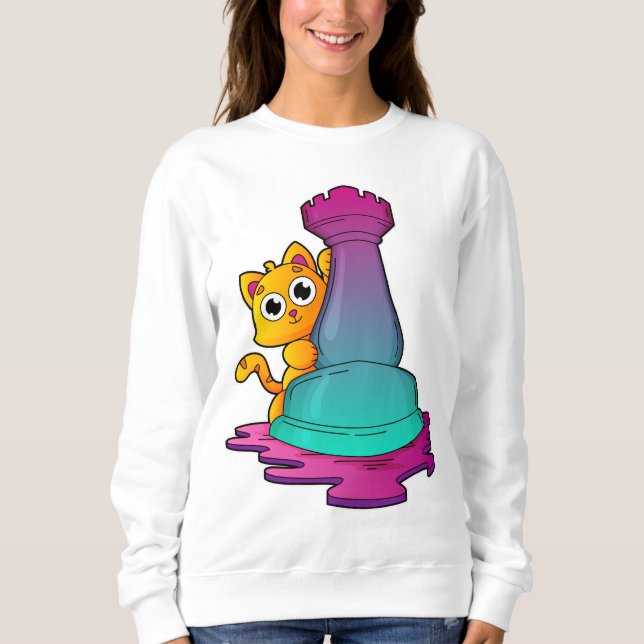 Cat at Chess with Chess piece Rook Sweatshirt (Vorderseite)