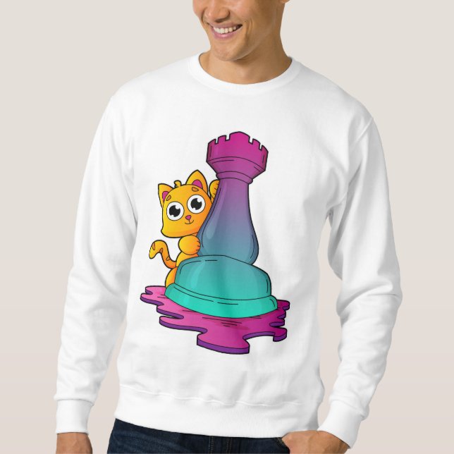 Cat at Chess with Chess piece Rook Sweatshirt (Vorderseite)