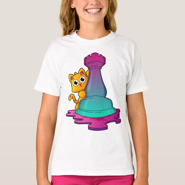 Cat at Chess with Chess piece Rook T-Shirt (Vorderseite)