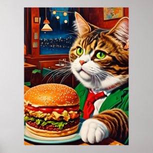 Cat at Diner Orders a Cheeseburger Poster