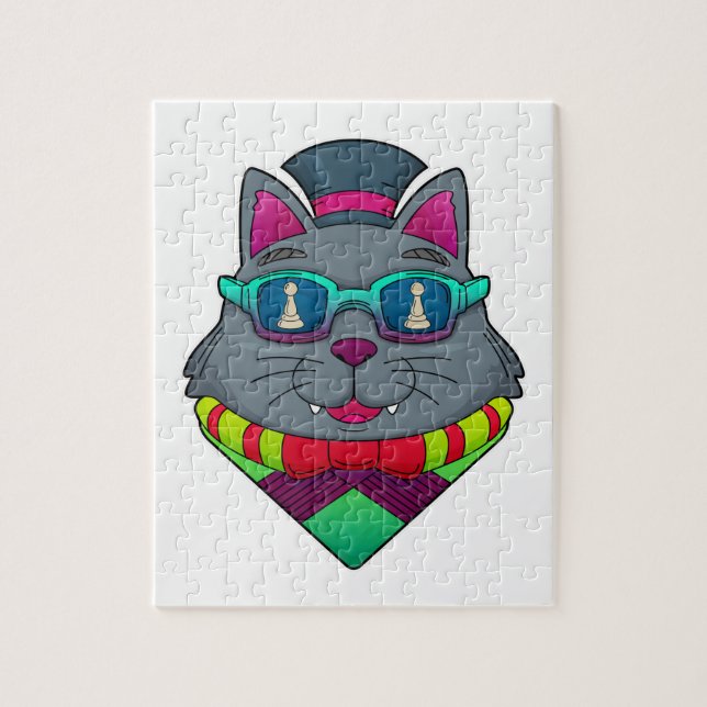 Cat at Schach mit Schachstück gepaart Puzzle (Vertikal)