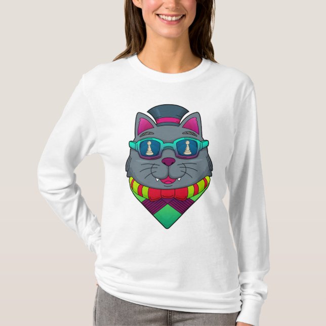 Cat at Schach mit Schachstück gepaart T-Shirt (Vorderseite)