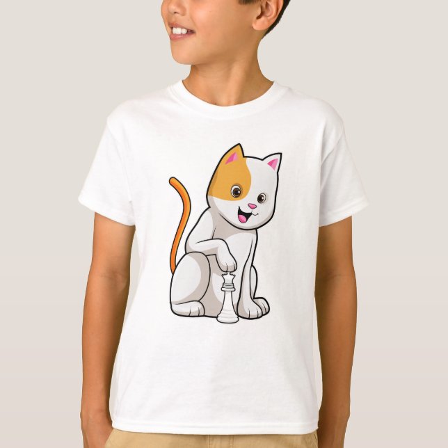 Cat at Schach mit Schachstück gepaart T-Shirt (Vorderseite)