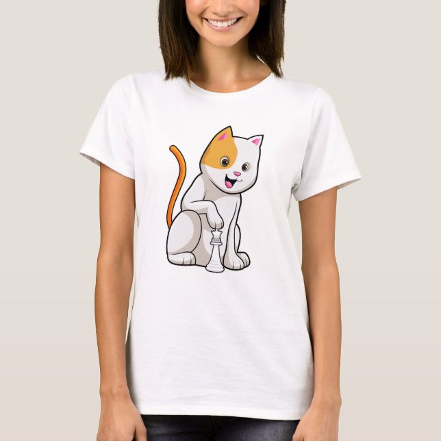 Cat at Schach mit Schachstück gepaart T-Shirt (Vorderseite)