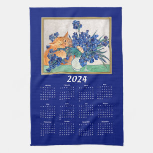 Cat Attacking Van Gogh Irises Funny 2024 Kalender Geschirrtuch