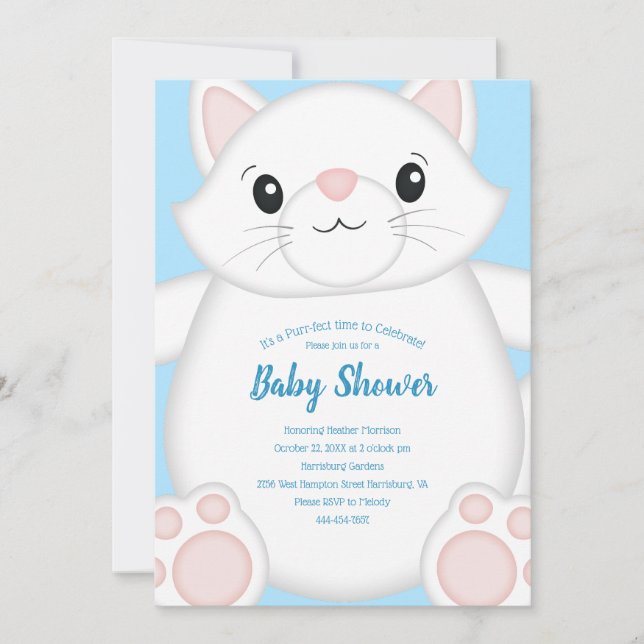 Cat Baby Shower Kitty Blue Boy Einladung (Vorderseite)