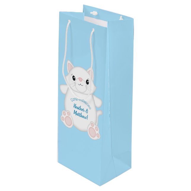 Cat Baby Shower Kitty Blue Geschenktüte Für Weinflaschen (Vorderseite Schrägansicht)