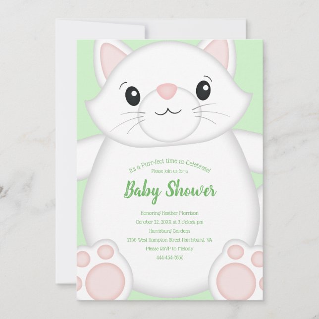 Cat Baby Shower Kitty Green Einladung (Vorderseite)