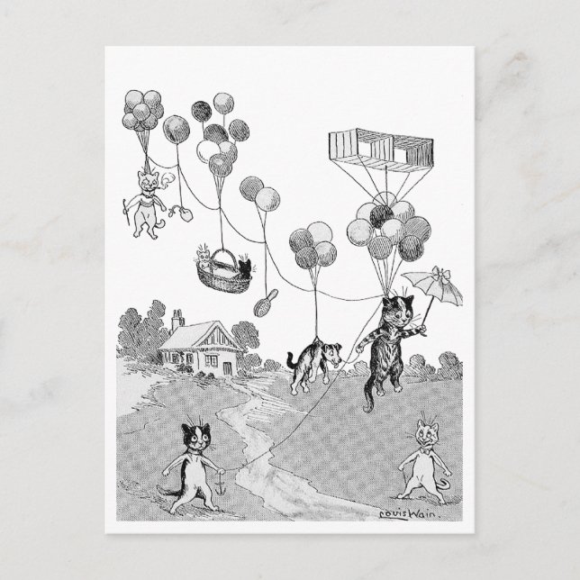 Cat Balloon Trip, Louis Wain Postkarte (Vorderseite)