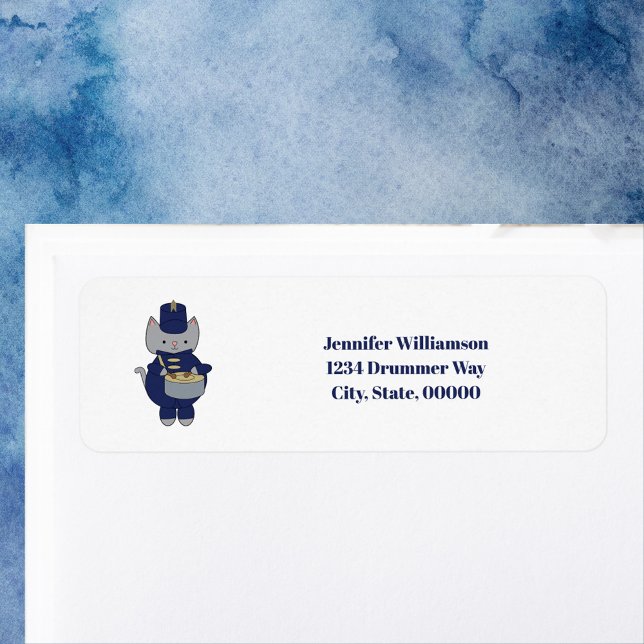 Cat Band Drummer Navy Blue Gold Personalize Return (A return address label with a snare drum playing cat in navy blue &gold.)