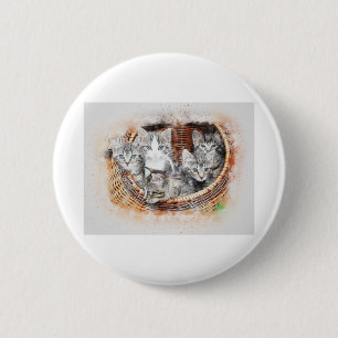 Cat Basket Kitten Art Abstract Vintage Watercolor. Button