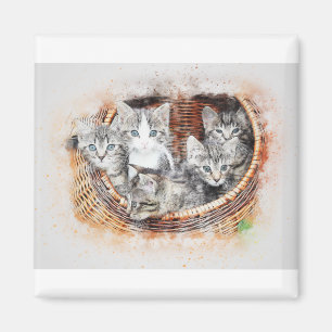Cat Basket Kitten Art Abstract Vintage Watercolor. Magnet