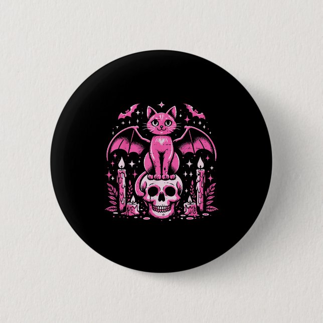 Cat Bat On Skull Halloween Costume Goth Women Girl Button (Vorderseite)