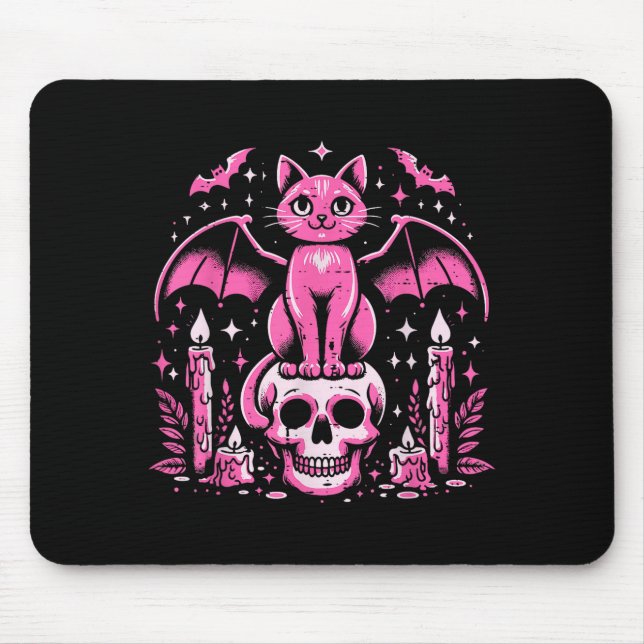 Cat Bat On Skull Halloween Costume Goth Women Girl Mousepad (Vorne)