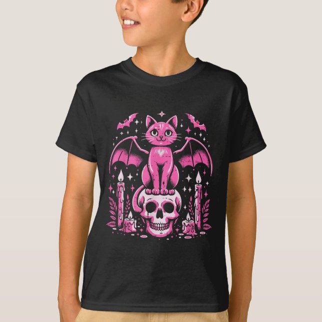 Cat Bat On Skull Halloween Costume Goth Women Girl T-Shirt (Vorderseite)