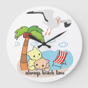 Cat Beach Seagull Meow Clock Große Wanduhr