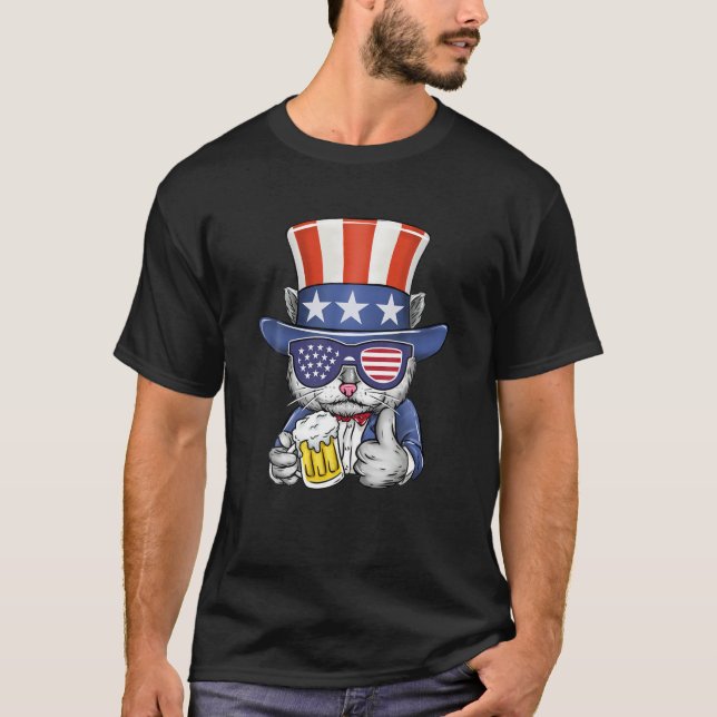 Cat Beer American Flag 4. Juli Männer Frauen Ameri T-Shirt (Vorderseite)