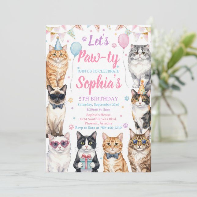 Cat Birthday Invitation Kitten Party Pawty Girl Einladung (Stehend Vorderseite)