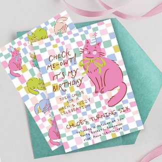Cat Birthday Invite, Girls Party Invite, Retro Cat Einladung