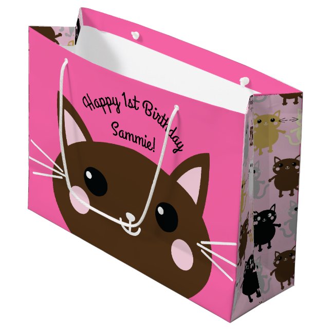Cat Birthday Party Große Geschenktüte (Vorderseite Schrägansicht)