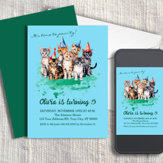 Cat Birthday Party, Mädchen und Kinder Blue Einladung