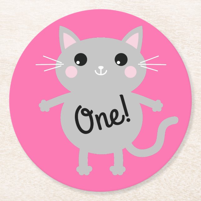 Cat Birthday Party Runder Pappuntersetzer (Vorderseite)
