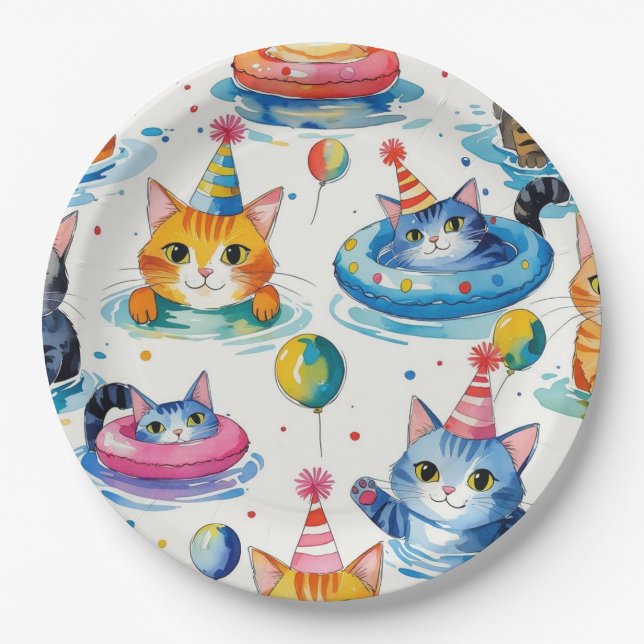 Cat Birthday Pool Party for  Cat Lovers  Pappteller (Vorderseite)