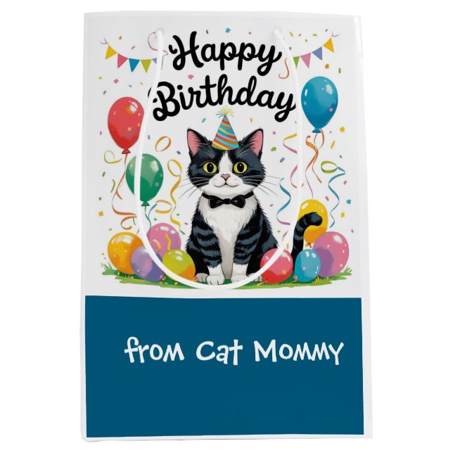 Cat Birthday themed for tuxedo Cat lovers Mittlere Geschenktüte (Vorderseite)