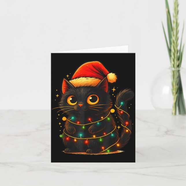 Cat Black Christmas Tree Lights Funny Santa Kitten Karte (Vorderseite)