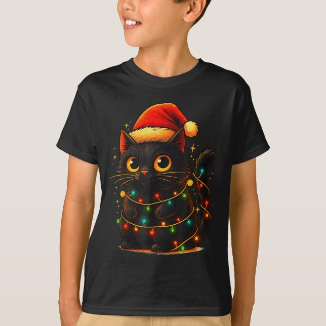 Cat Black Christmas Tree Lights Funny Santa Kitten T-Shirt (Vorderseite)