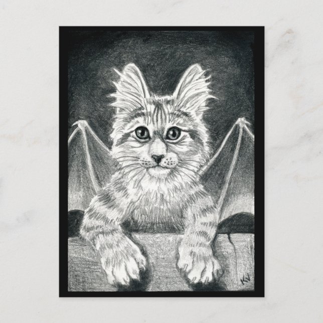Cat Black & White Gargoyle Halloween Postkarte (Vorderseite)