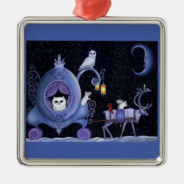 Cat Blue Carriage Winter Snowy Owl White Deh Niedl Ornament Aus Metall (Vorne)