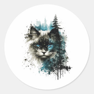 Cat Blue Eyes Cat Motif Art Forest Animal Cat Runder Aufkleber
