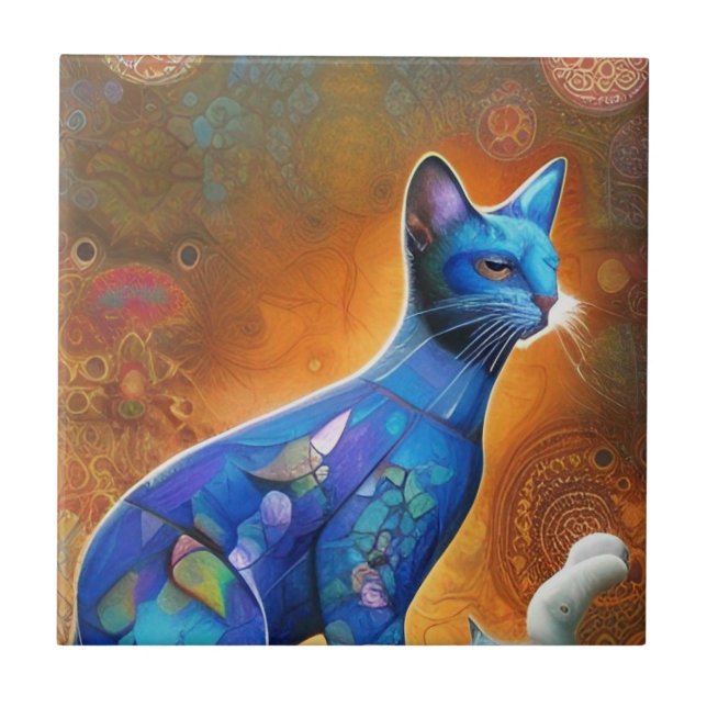 Cat blue mosaic abstrakt kitty Stimmen Fliese (Vorderseite)