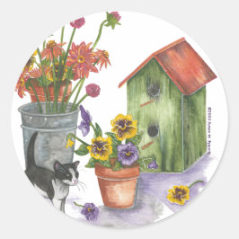 Cat Blume Birdhouse Watercolor "Willie" Runder Aufkleber