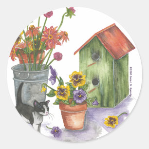 Cat Blume Birdhouse Watercolor "Willie" Runder Aufkleber