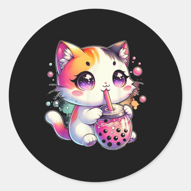Cat Boba Tea Anime Japanischer Kawaii Neko Bubble  Runder Aufkleber (Vorderseite)