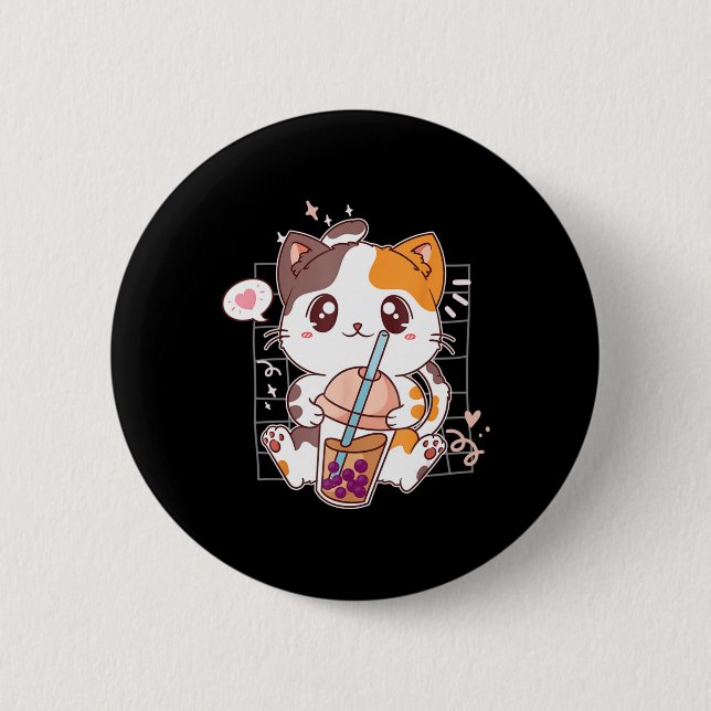 Cat Boba Tea Bubble Tea Kawaii Anime Japanischer N Button (Vorderseite)