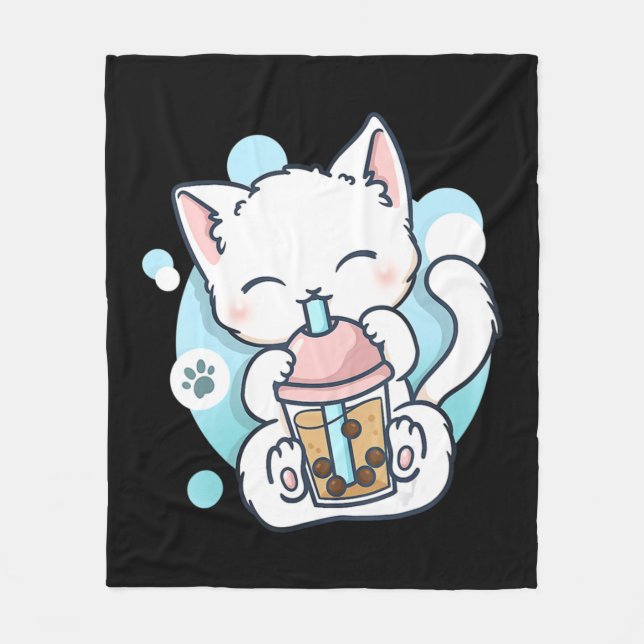 Cat Boba Tea Bubble Tea Kawaii Anime Japanischer N Fleecedecke (Vorderseite)