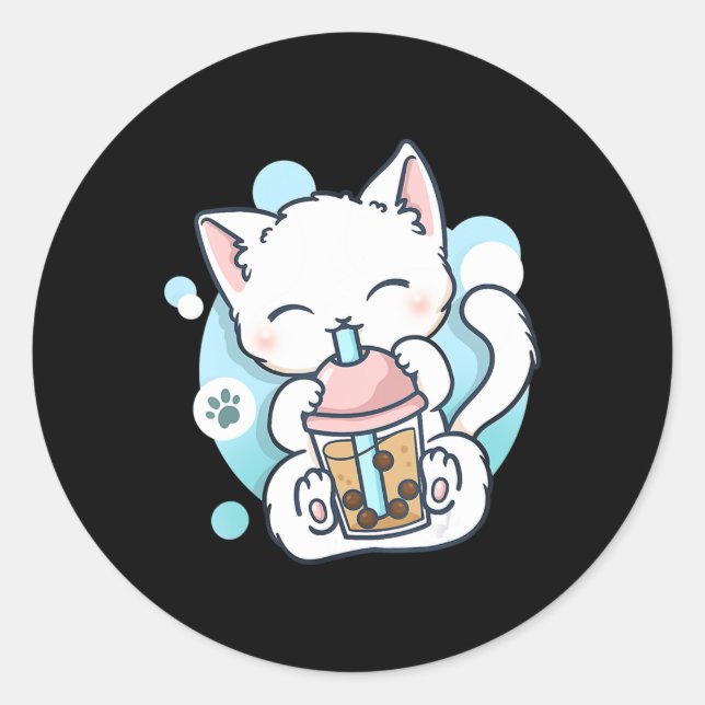 Cat Boba Tea Bubble Tea Kawaii Anime Japanischer N Runder Aufkleber (Vorderseite)