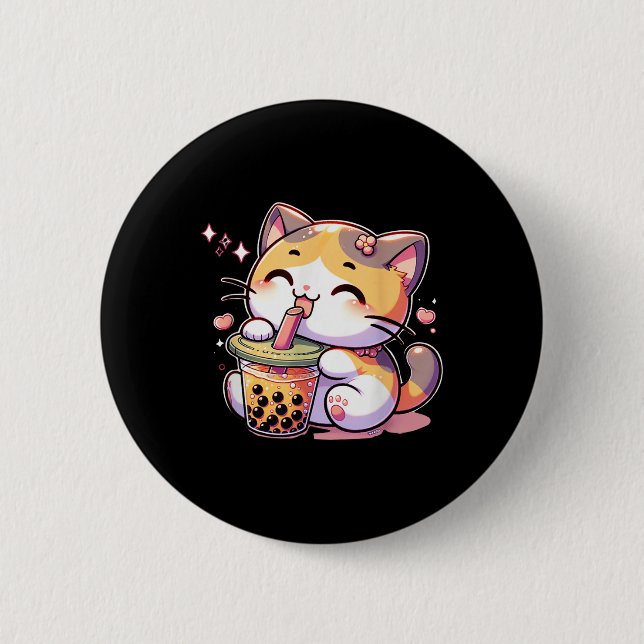 Cat Boba Tea Bubble Tee Anime Kawaii Neko Kinder T Button (Vorderseite)