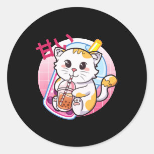 Cat Boba Tea Bubble Tee Katze Lover Anime Kawaii N Runder Aufkleber