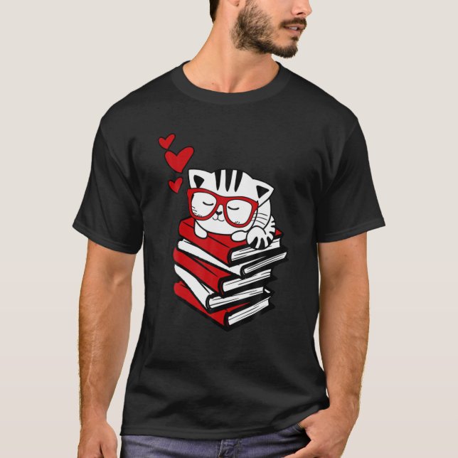 Cat Book Nerd Reader Niedlich Geek Glasses Funny T-Shirt (Vorderseite)