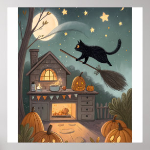 Cat & Broom Duo Magische Halloween-Nacht Poster
