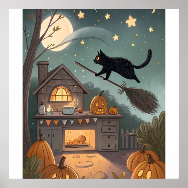 Cat & Broom Duo | Magische Halloween-Nacht Poster (Vorne)