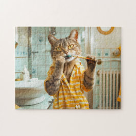 Cat brushing teeth in striped pajamas bathroom puzzle