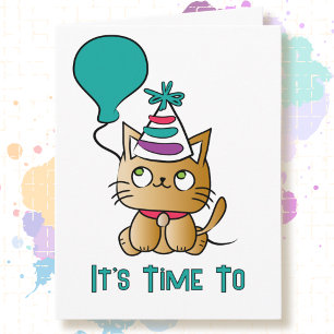 Cat Cartoon Niedlich Funny Time to Pawty Geburtsta Karte