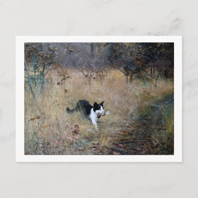 Cat Caught a Bird, Bruno Liljefors Postkarte (Vorderseite)