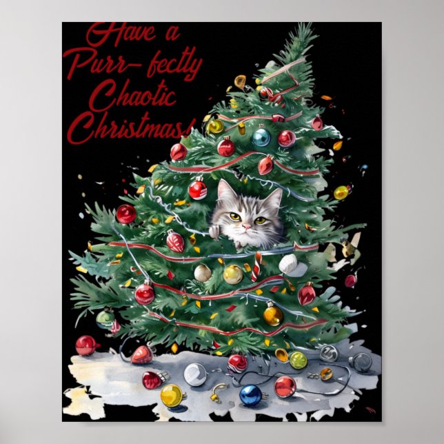 Cat Chaos Christmas Tree Design Watercolor T Shirt Poster (Vorne)